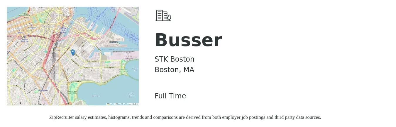 STK Boston job posting for a Busser in Boston, MA with a salary of $12 to $17 Hourly with a map of Boston location.