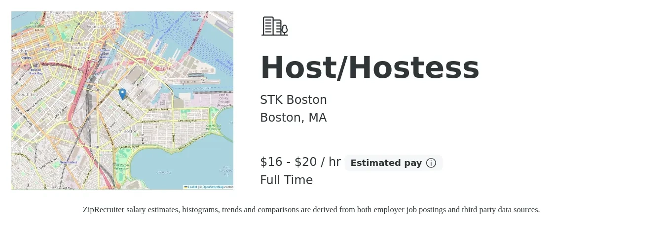 STK Boston job posting for a Host/Hostess in Boston, MA with a salary of $17 to $21 Hourly with a map of Boston location.