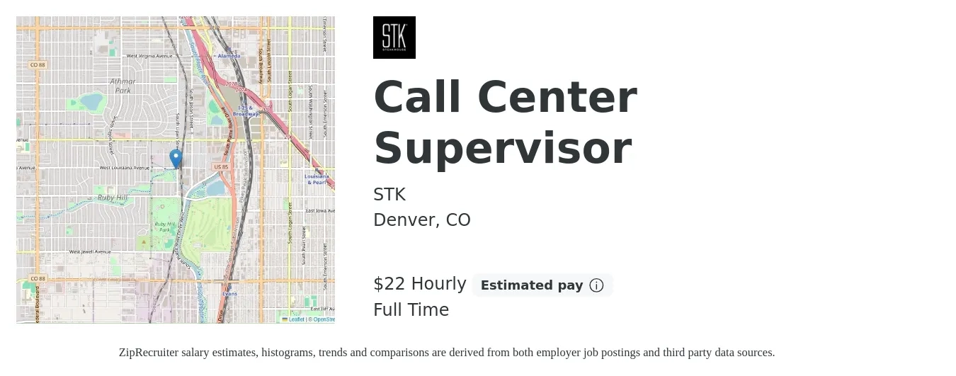 STK job posting for a Call Center Supervisor in Denver, CO with a salary of $23 Hourly with a map of Denver location.
