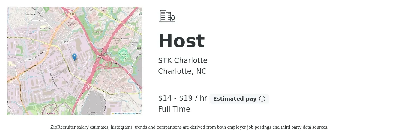 STK Charlotte job posting for a Host in Charlotte, NC with a salary of $15 to $20 Hourly with a map of Charlotte location.