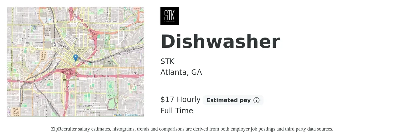 STK job posting for a Dishwasher in Atlanta, GA with a salary of $18 Hourly with a map of Atlanta location.