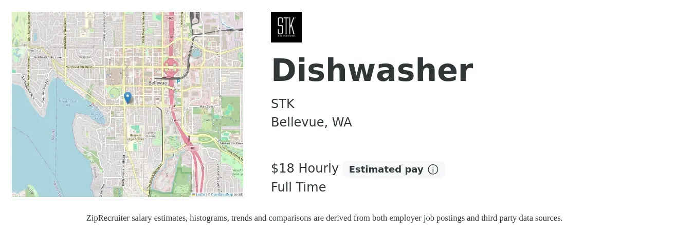 STK job posting for a Dishwasher in Bellevue, WA with a salary of $19 Hourly with a map of Bellevue location.