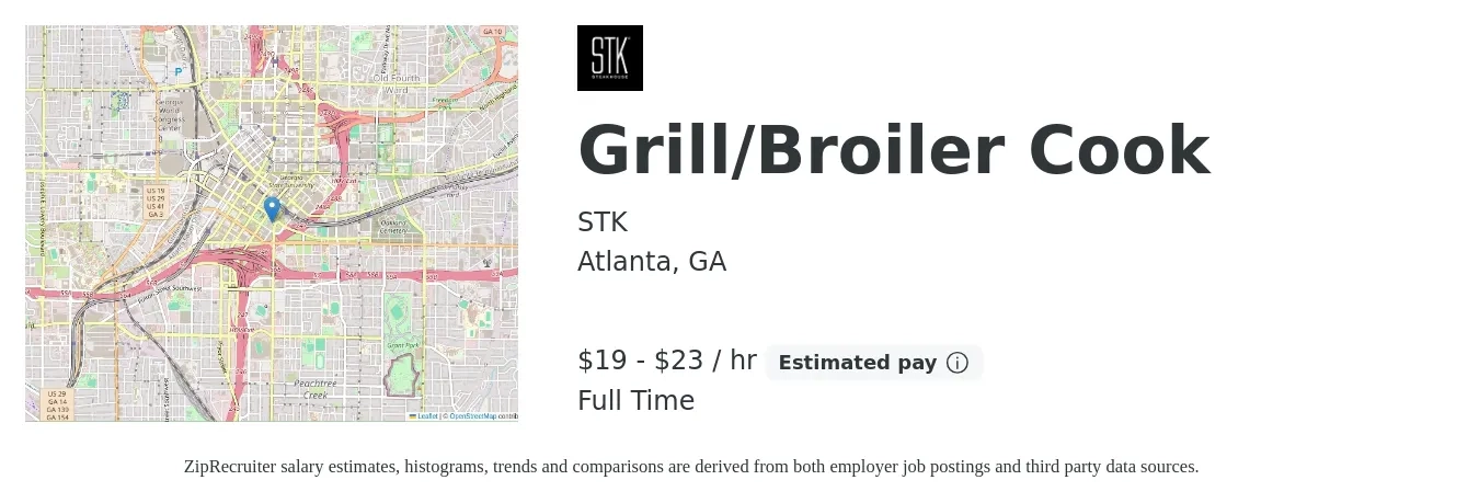 STK job posting for a Grill/Broiler Cook in Atlanta, GA with a salary of $20 to $24 Hourly with a map of Atlanta location.