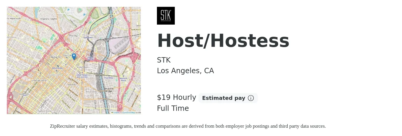 STK job posting for a Host/Hostess in Los Angeles, CA with a salary of $20 Hourly with a map of Los Angeles location.