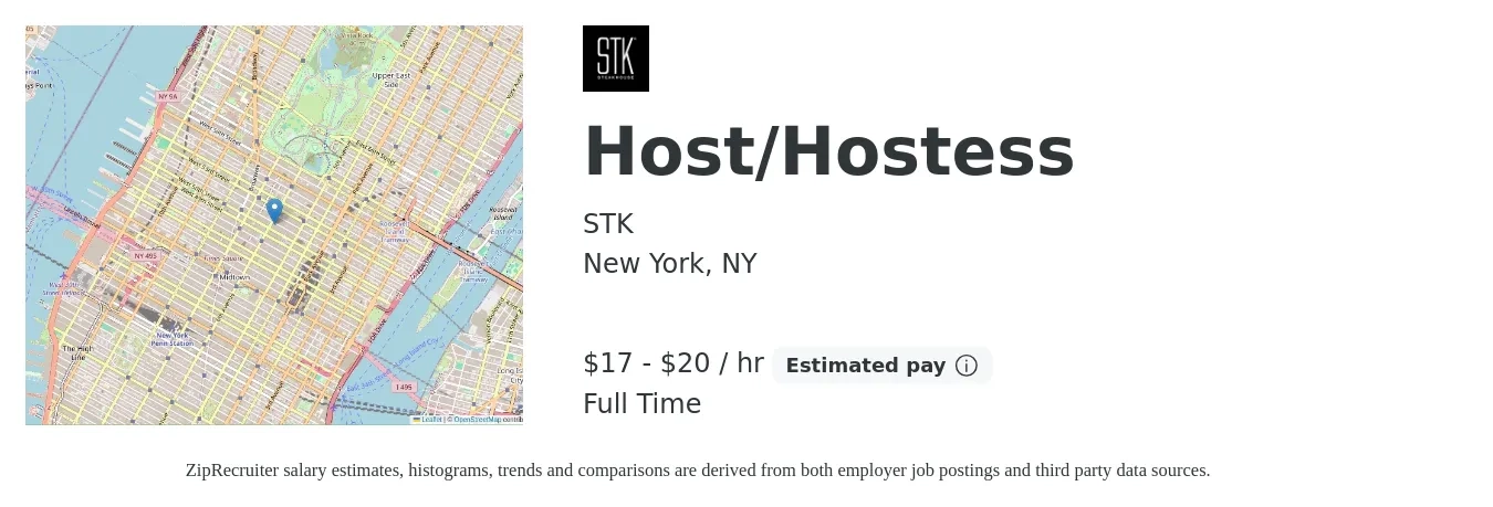 STK job posting for a Host/Hostess in New York, NY with a salary of $17 to $21 Hourly with a map of New York location.