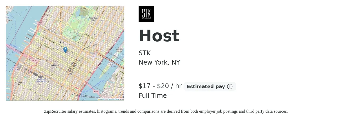 STK job posting for a Host in New York, NY with a salary of $17 to $21 Hourly with a map of New York location.