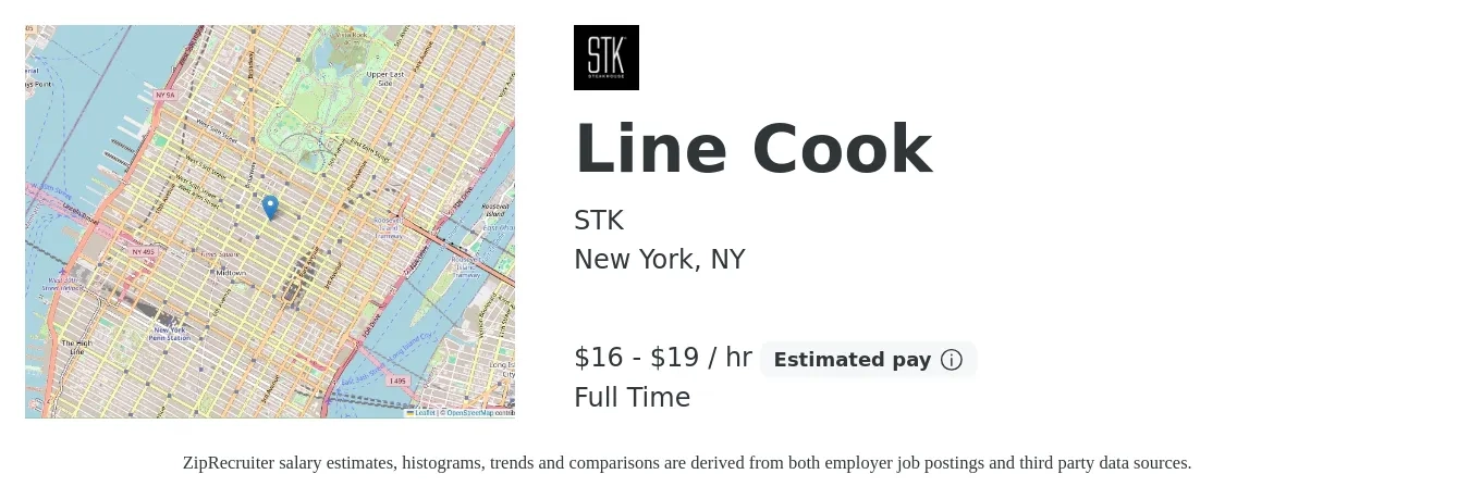 STK job posting for a Line Cook in New York, NY with a salary of $19 to $22 Hourly with a map of New York location.