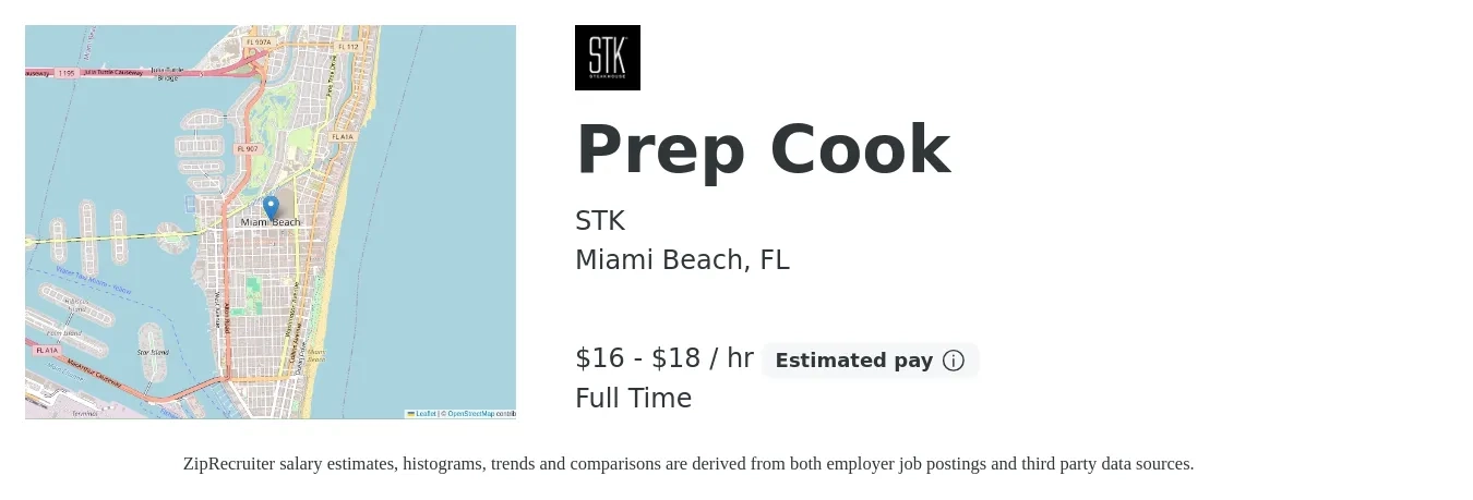 STK job posting for a Prep Cook in Miami Beach, FL with a salary of $17 to $19 Hourly with a map of Miami Beach location.