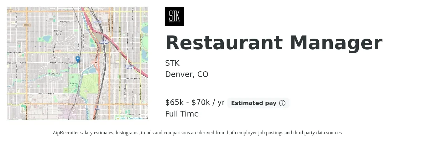 STK job posting for a Restaurant Manager in Denver, CO with a salary of $65,000 to $70,000 Yearly with a map of Denver location.