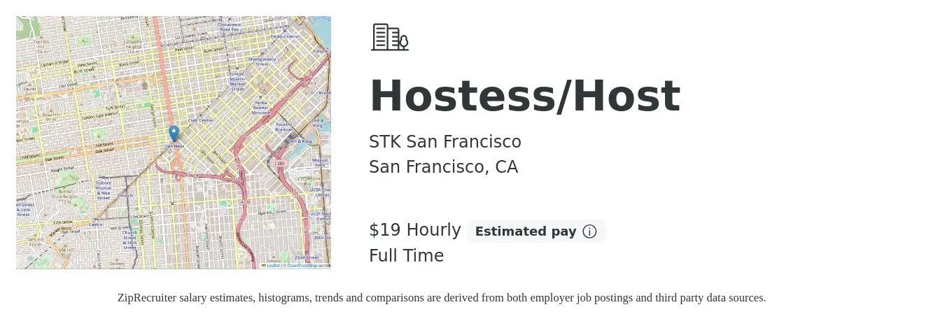 STK San Francisco job posting for a Hostess/Host in San Francisco, CA with a salary of $20 Hourly with a map of San Francisco location.