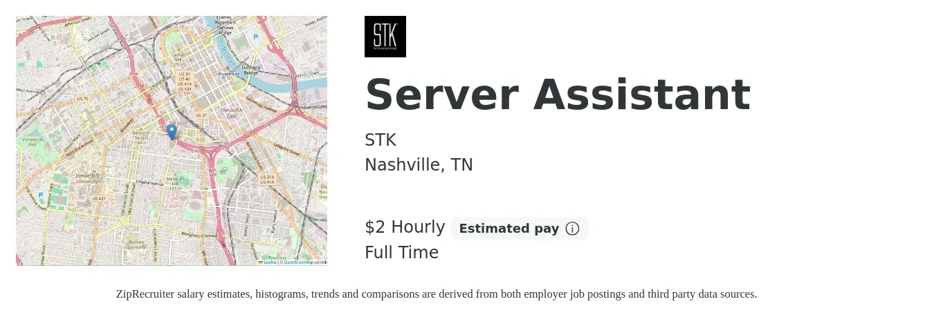 STK job posting for a Server Assistant in Nashville, TN with a salary of $2 Hourly with a map of Nashville location.