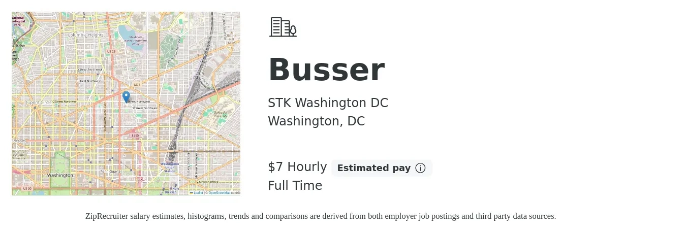 STK Washington DC job posting for a Busser in Washington, DC with a salary of $8 Hourly with a map of Washington location.