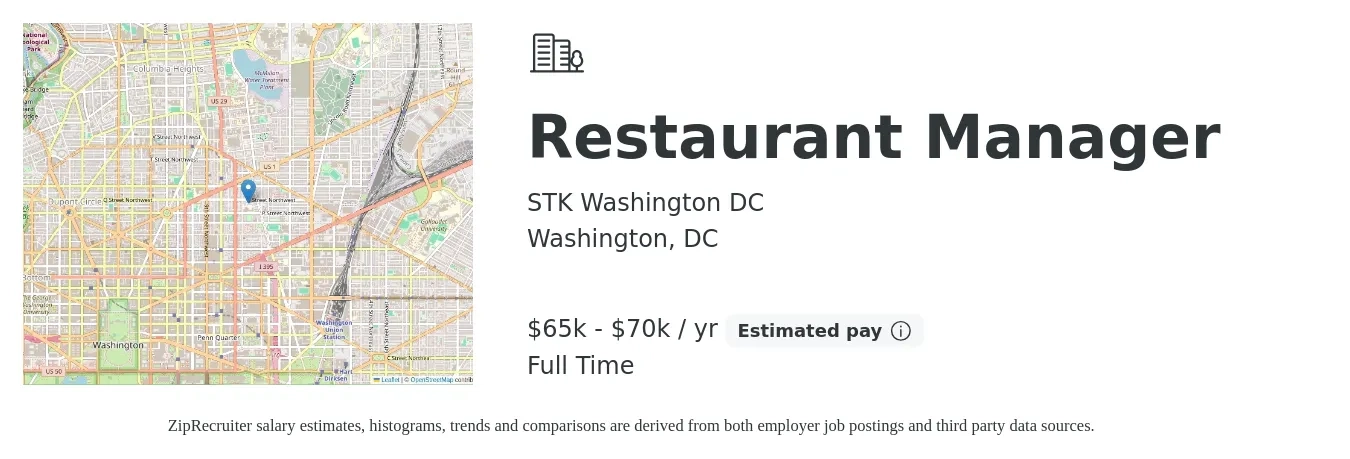 STK Washington DC job posting for a Restaurant Manager in Washington, DC with a salary of $65,000 to $70,000 Yearly with a map of Washington location.
