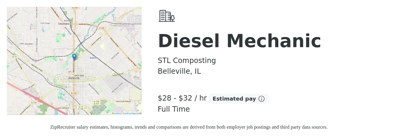STL Composting job posting for a Diesel Mechanic in Belleville, IL with a salary of $30 to $34 Hourly with a map of Belleville location.