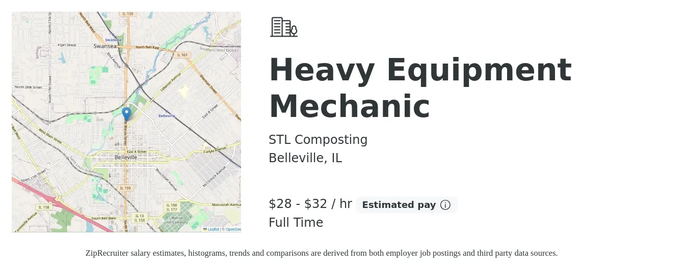 STL Composting job posting for a Heavy Equipment Mechanic in Belleville, IL with a salary of $28 to $34 Hourly with a map of Belleville location.