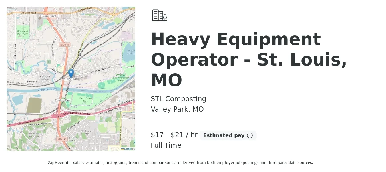 STL Composting job posting for a Heavy Equipment Operator - St. Louis, MO in Valley Park, MO with a salary of $18 to $22 Hourly with a map of Valley Park location.