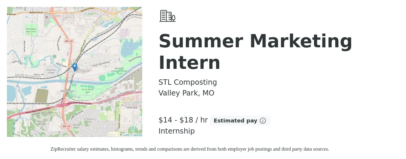 STL Composting job posting for a Summer Marketing Intern in Valley Park, MO with a salary of $15 to $19 Hourly with a map of Valley Park location.