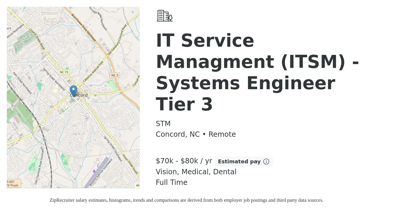 STM job posting for a IT Service Managment (ITSM) - Systems Engineer Tier 3 in Concord, NC with a salary of $70,000 to $80,000 Yearly and benefits including pto, retirement, vision, dental, life_insurance, and medical with a map of Concord location.