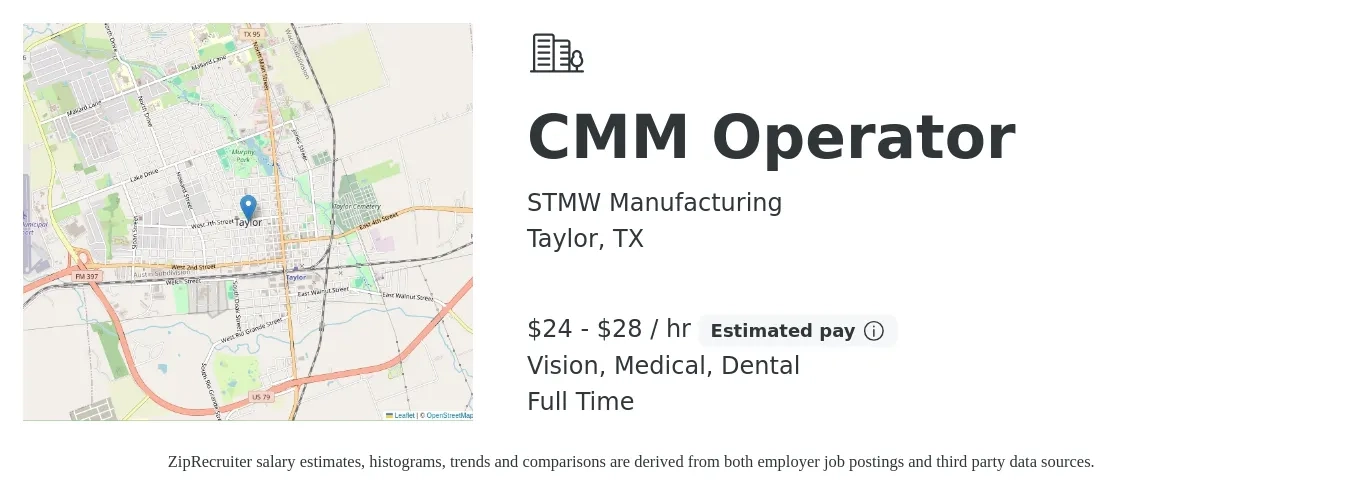 STMW Manufacturing job posting for a CMM Operator in Taylor, TX with a salary of $25 to $30 Hourly and benefits including dental, life_insurance, medical, pto, and vision with a map of Taylor location.