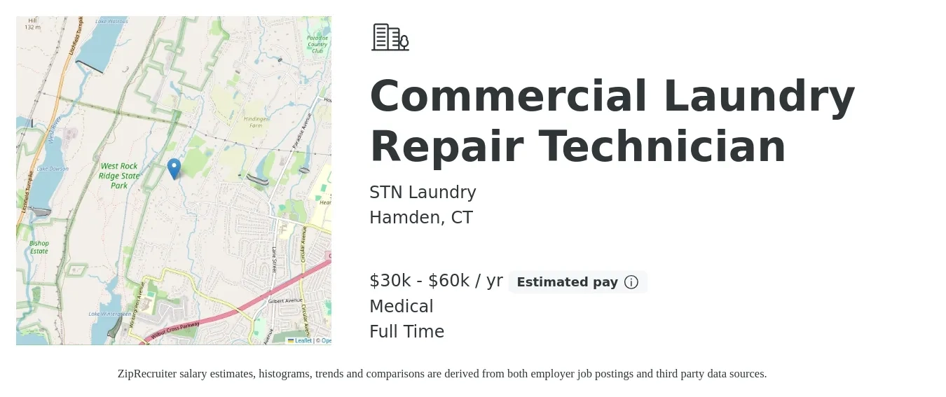STN Laundry job posting for a Commercial Laundry Repair Technician in Hamden, CT with a salary of $30,000 to $60,000 Yearly and benefits including medical with a map of Hamden location.