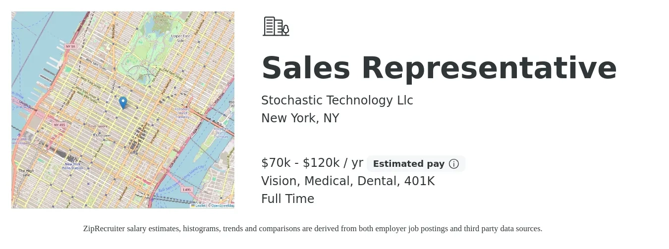Stochastic Technology Llc job posting for a Sales Representative in New York, NY with a salary of $70,000 to $120,000 Yearly and benefits including medical, vision, 401k, and dental with a map of New York location.