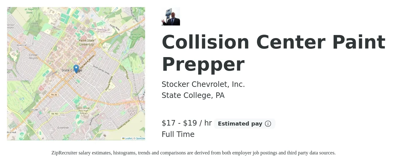 Stocker Chevrolet, Inc. job posting for a Collision Center Paint Prepper in State College, PA with a salary of $18 to $20 Hourly with a map of State College location.