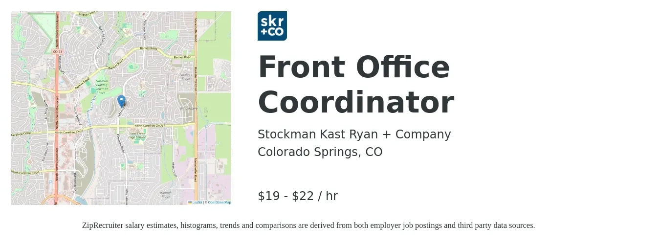Stockman Kast Ryan + Company job posting for a Front Office Coordinator in Colorado Springs, CO with a salary of $20 to $23 Hourly with a map of Colorado Springs location.