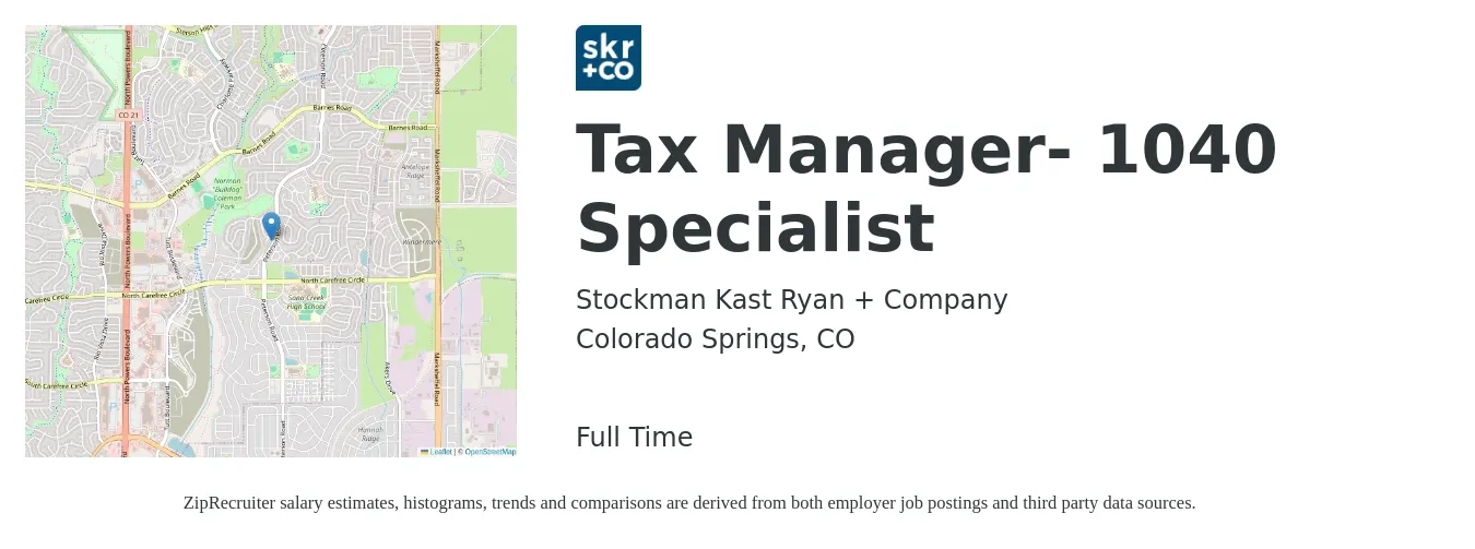 Stockman Kast Ryan + Company job posting for a Tax Manager- 1040 Specialist in Colorado Springs, CO with a salary of $98,000 to $127,400 Yearly with a map of Colorado Springs location.
