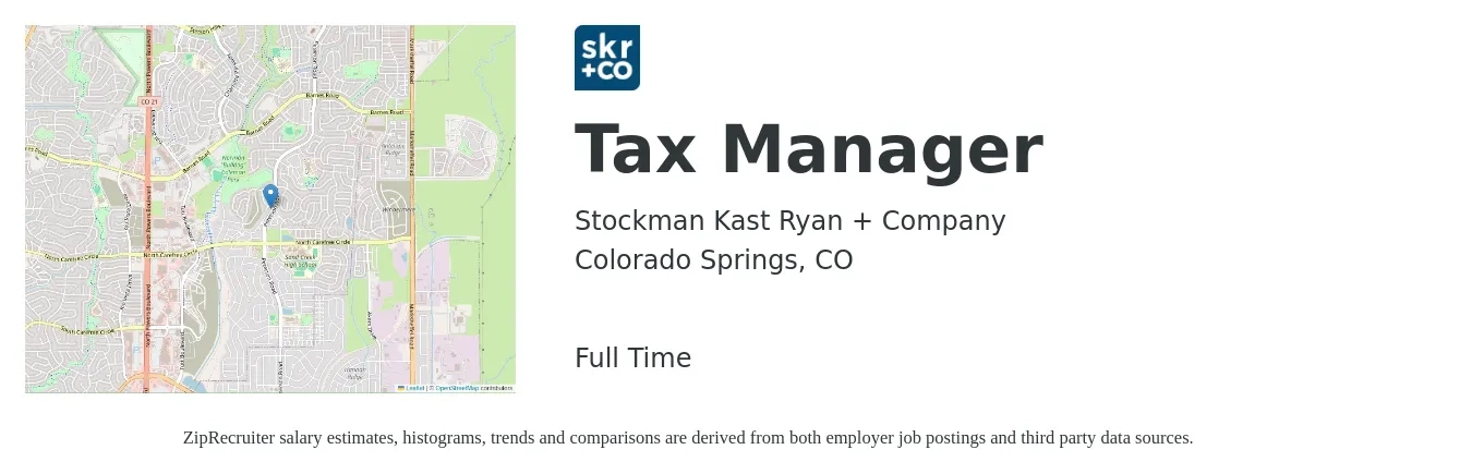 Stockman Kast Ryan + Company job posting for a Tax Manager in Colorado Springs, CO with a salary of $98,000 to $127,400 Yearly with a map of Colorado Springs location.