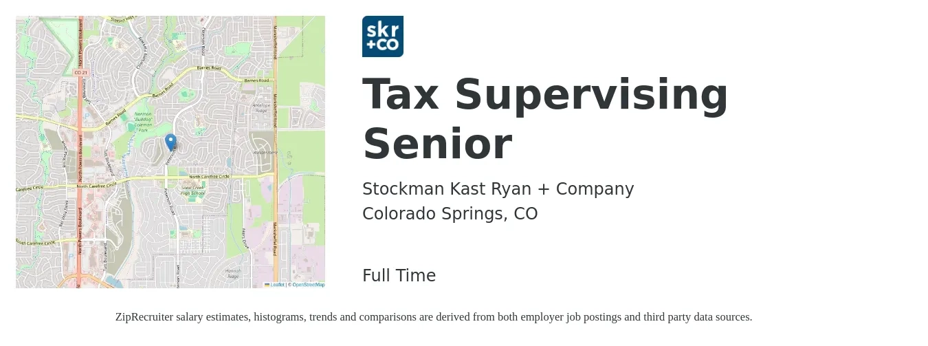Stockman Kast Ryan + Company job posting for a Tax Supervising Senior in Colorado Springs, CO with a salary of $85,000 to $110,500 Yearly with a map of Colorado Springs location.