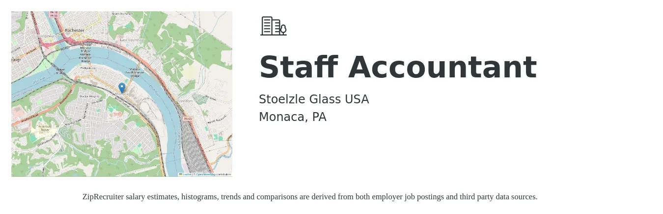 Stoelzle Glass USA job posting for a Staff Accountant in Monaca, PA with a salary of $50,400 to $66,400 Yearly with a map of Monaca location.