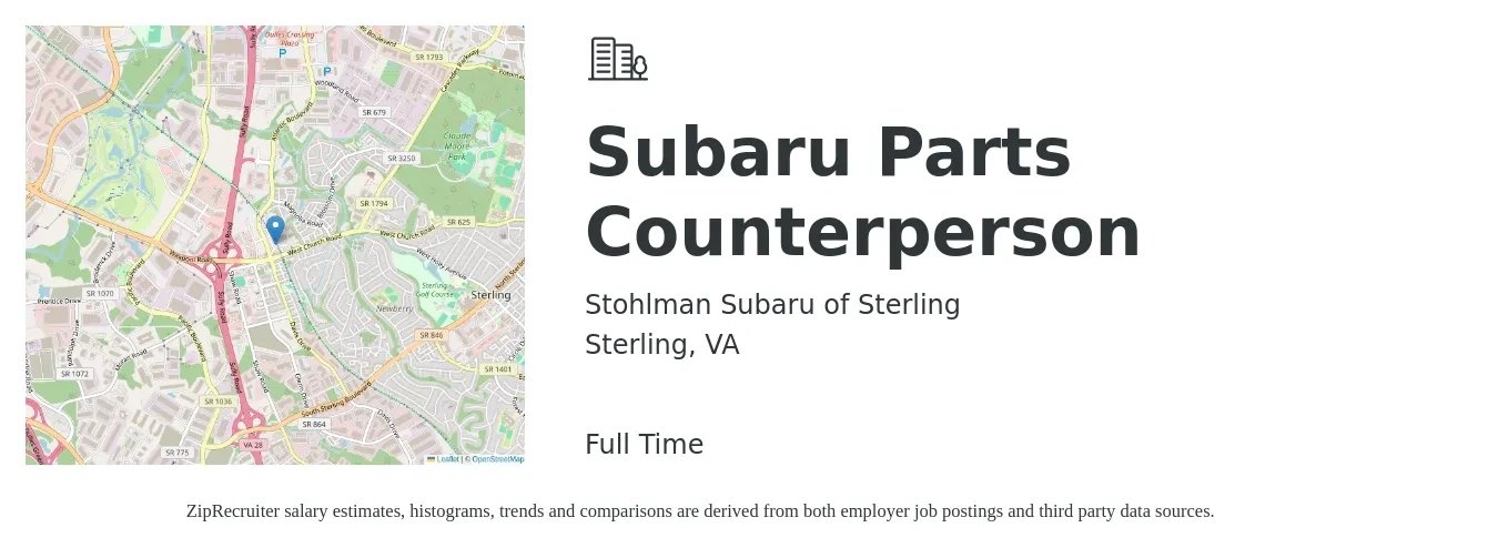 Stohlman Subaru of Sterling job posting for a Subaru Parts Counterperson in Sterling, VA with a salary of $18 to $24 Hourly with a map of Sterling location.