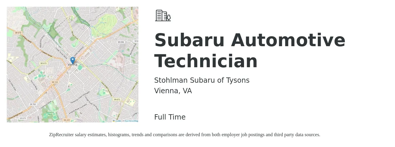 Stohlman Subaru of Tysons job posting for a Subaru Automotive Technician in Vienna, VA with a salary of $22 to $35 Hourly with a map of Vienna location.
