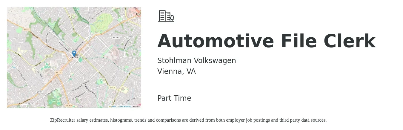 Stohlman Volkswagen job posting for a Automotive File Clerk in Vienna, VA with a salary of $16 to $20 Hourly with a map of Vienna location.