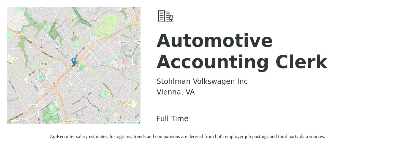 Stohlman Volkswagen job posting for a Automotive Accounting Clerk in Vienna, VA with a salary of $18 to $24 Hourly with a map of Vienna location.