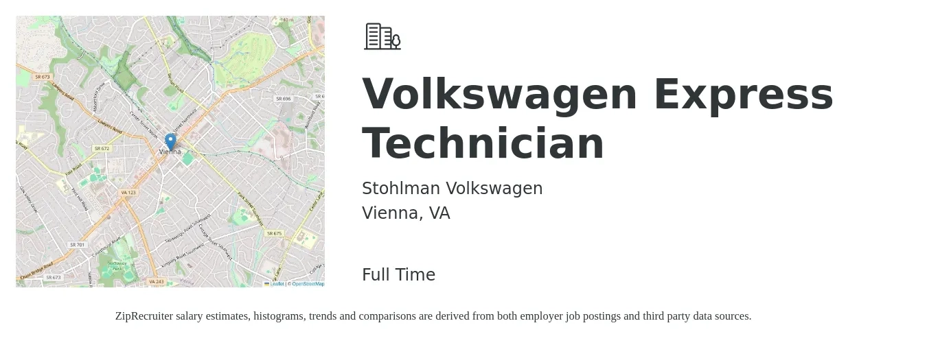 Stohlman Volkswagen job posting for a Volkswagen Express Technician in Vienna, VA with a salary of $14 to $19 Hourly with a map of Vienna location.