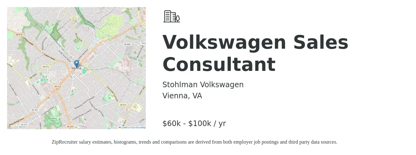 Stohlman Volkswagen job posting for a Volkswagen Sales Consultant in Vienna, VA with a salary of $60,000 to $100,000 Yearly with a map of Vienna location.
