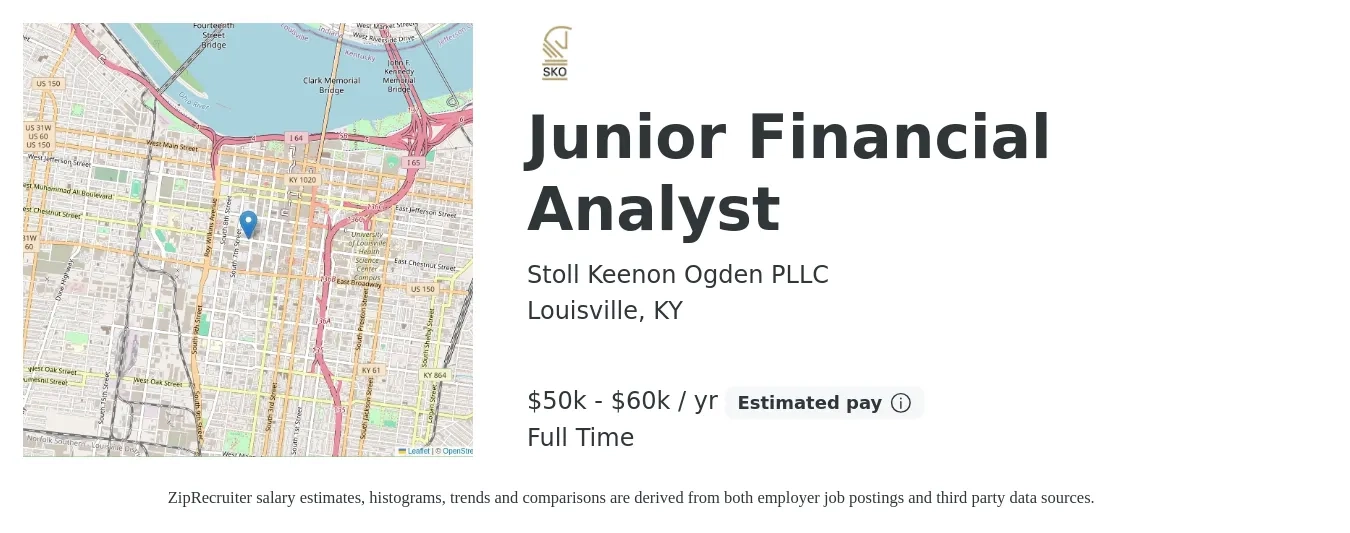 Stoll Keenon Ogden PLLC job posting for a Junior Financial Analyst in Louisville, KY with a salary of $50,000 to $60,000 Yearly with a map of Louisville location.