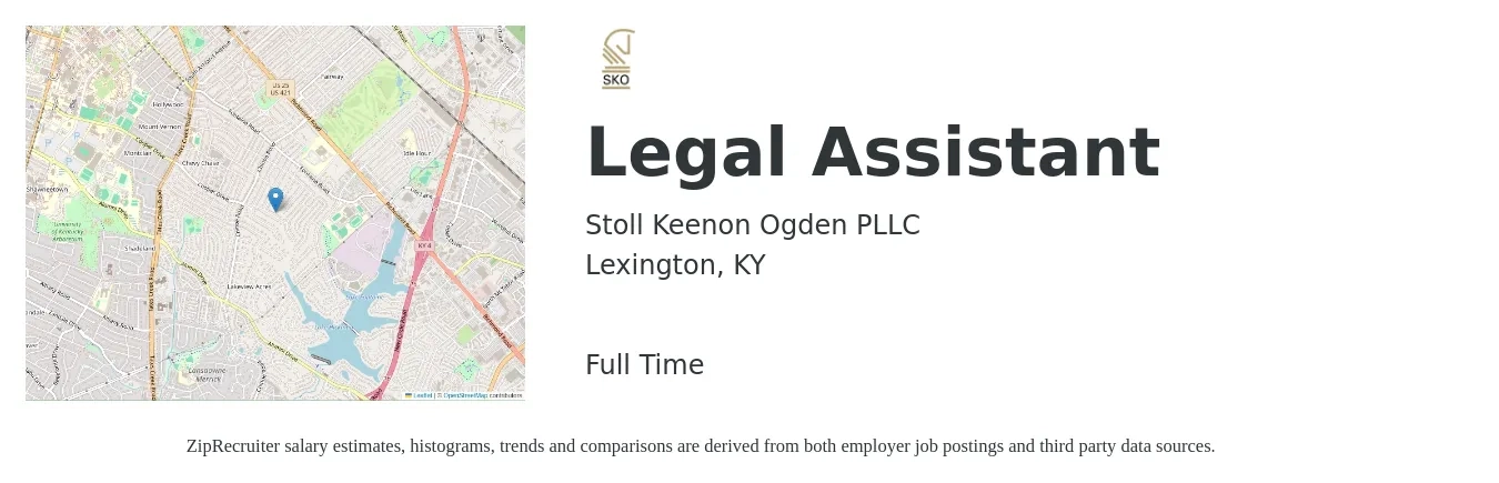 Stoll Keenon Ogden PLLC job posting for a Legal Assistant in Lexington, KY with a salary of $37,800 to $54,700 Yearly with a map of Lexington location.