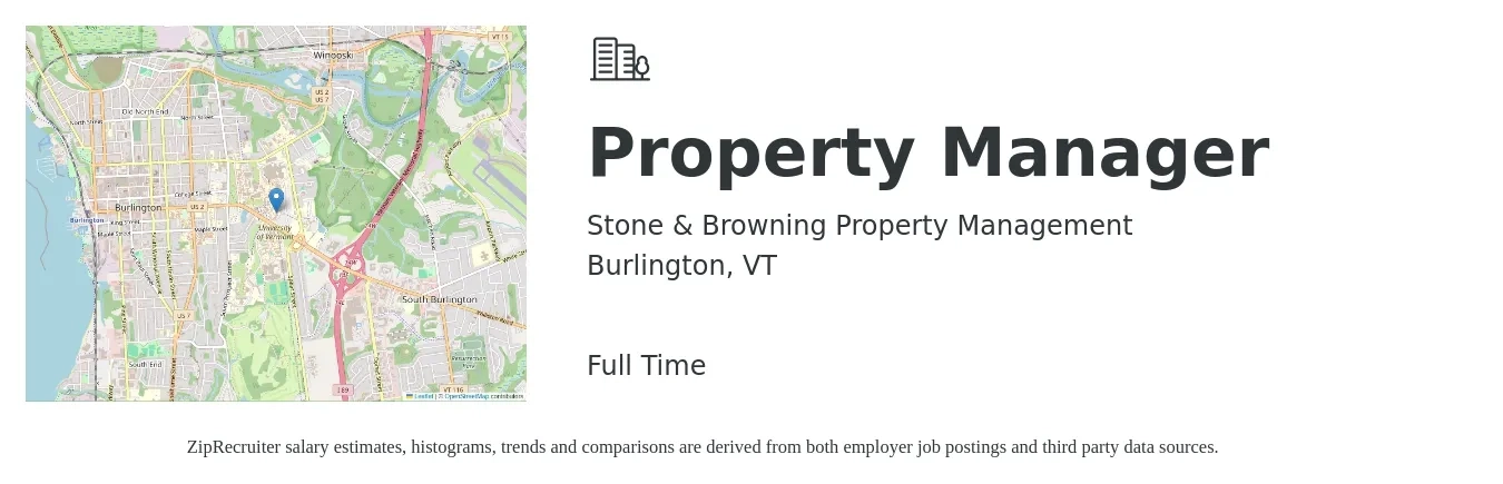Stone & Browning Property Management job posting for a Property Manager in Burlington, VT with a salary of $55,000 to $60,000 Yearly with a map of Burlington location.