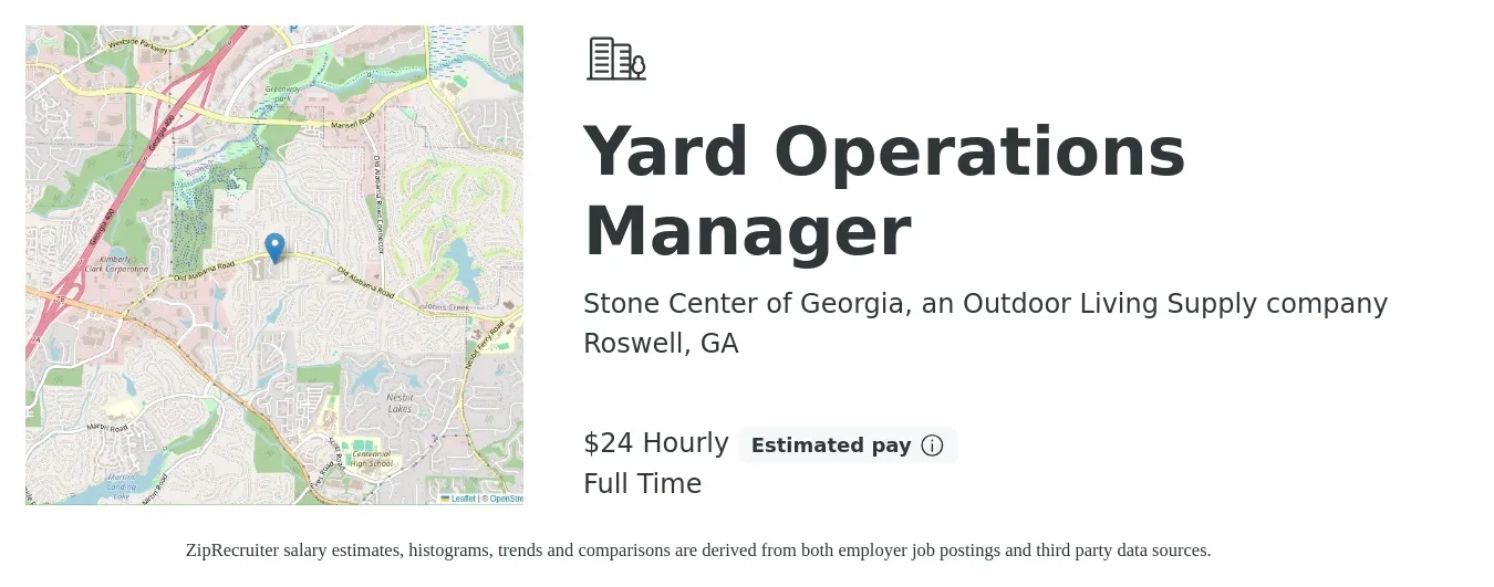 Stone Center of Georgia, an Outdoor Living Supply company job posting for a Yard Operations Manager in Roswell, GA with a salary of $25 Hourly with a map of Roswell location.