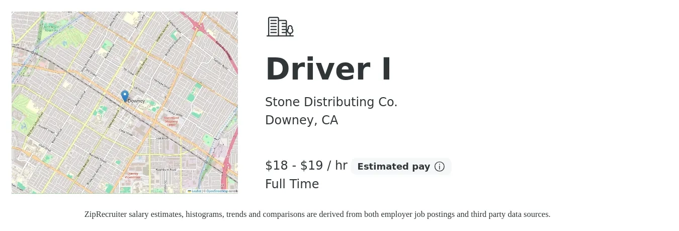 Stone Distributing Co. job posting for a Driver I in Downey, CA with a salary of $19 to $20 Hourly with a map of Downey location.