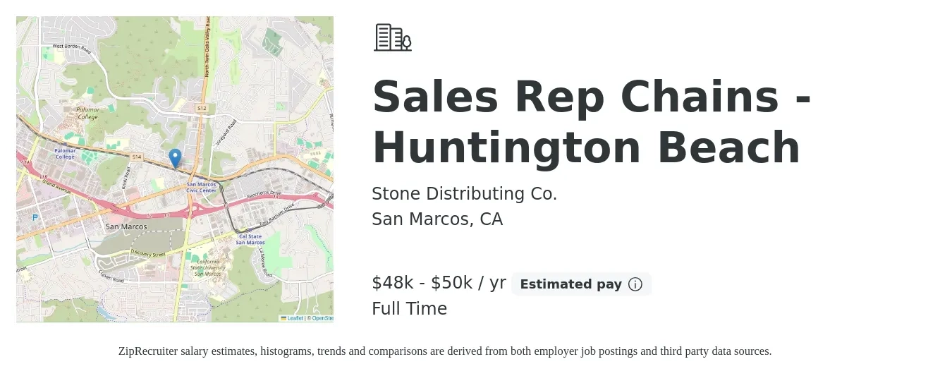 Stone Distributing Co. job posting for a Sales Rep Chains - Huntington Beach in San Marcos, CA with a salary of $48,500 to $50,500 Yearly with a map of San Marcos location.