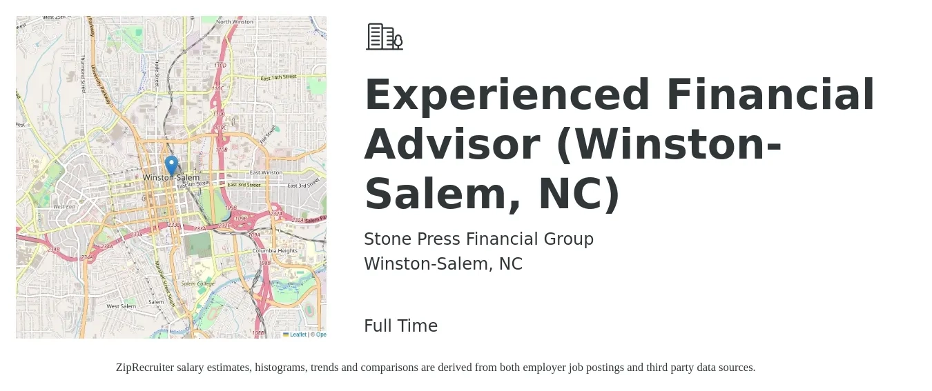 Stone Press Financial Group job posting for a Experienced Financial Advisor (Winston-Salem, NC) in Winston-Salem, NC with a salary of $80,000 to $120,000 Yearly with a map of Winston-Salem location.