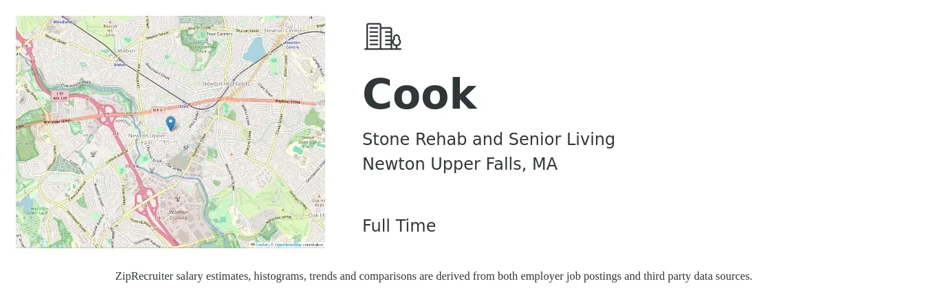 Stone Rehab and Senior Living job posting for a Cook in Newton Upper Falls, MA with a salary of $15 to $20 Hourly with a map of Newton Upper Falls location.
