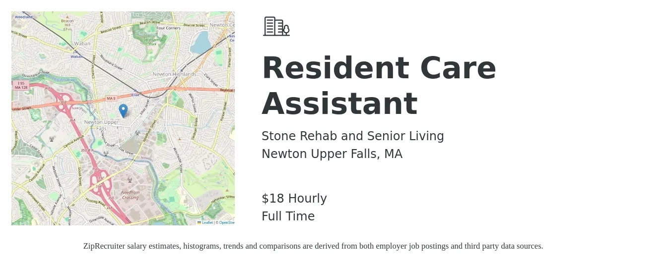 Stone Rehab and Senior Living job posting for a Resident Care Assistant in Newton Upper Falls, MA with a salary of $19 Hourly with a map of Newton Upper Falls location.