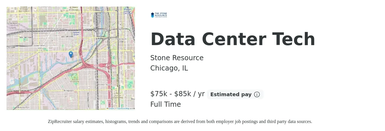 Stone Resource job posting for a Data Center Tech in Chicago, IL with a salary of $75,000 to $85,000 Yearly with a map of Chicago location.