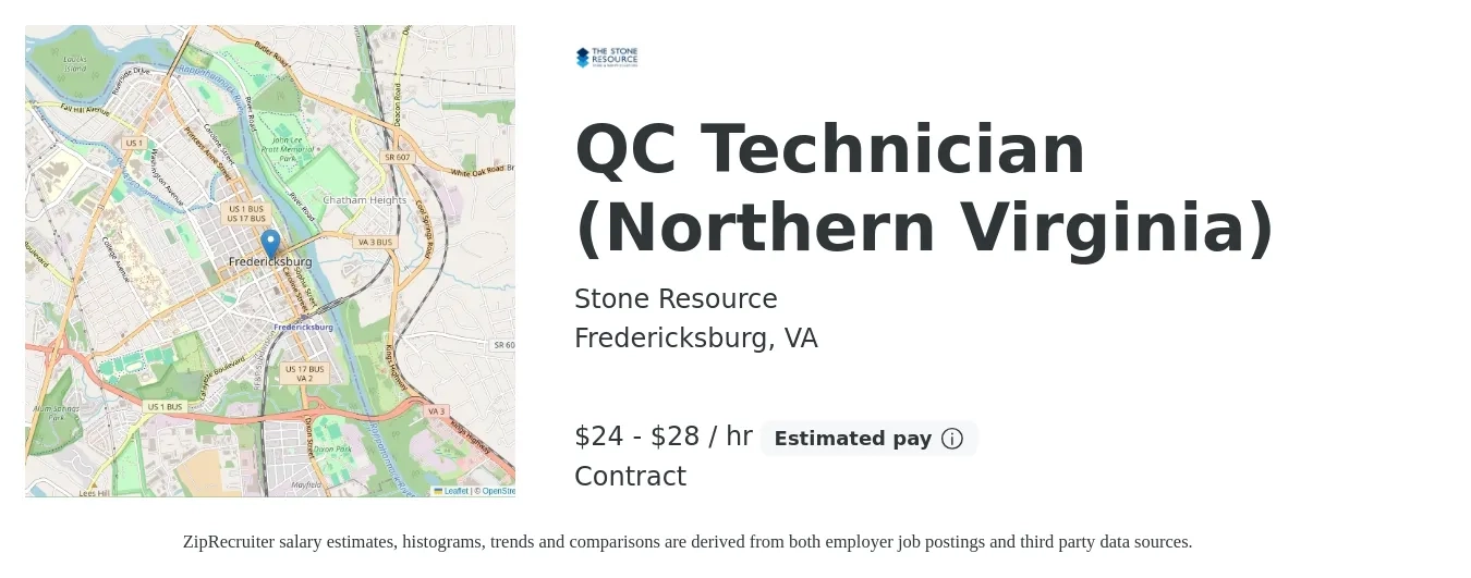 Stone Resource job posting for a QC Technician (Northern Virginia) in Fredericksburg, VA with a salary of $25 to $30 Hourly with a map of Fredericksburg location.