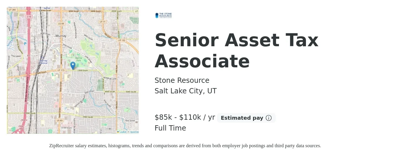Stone Resource job posting for a Senior Asset Tax Associate in Salt Lake City, UT with a salary of $85,000 to $110,000 Yearly with a map of Salt Lake City location.