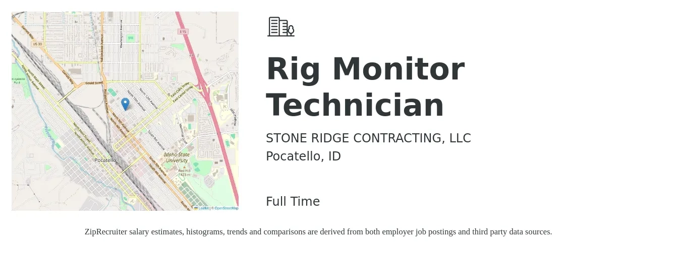 STONE RIDGE CONTRACTING, LLC job posting for a Rig Monitor Technician in Pocatello, ID with a salary of $24 Hourly and benefits including retirement, vision, dental, and medical with a map of Pocatello location.